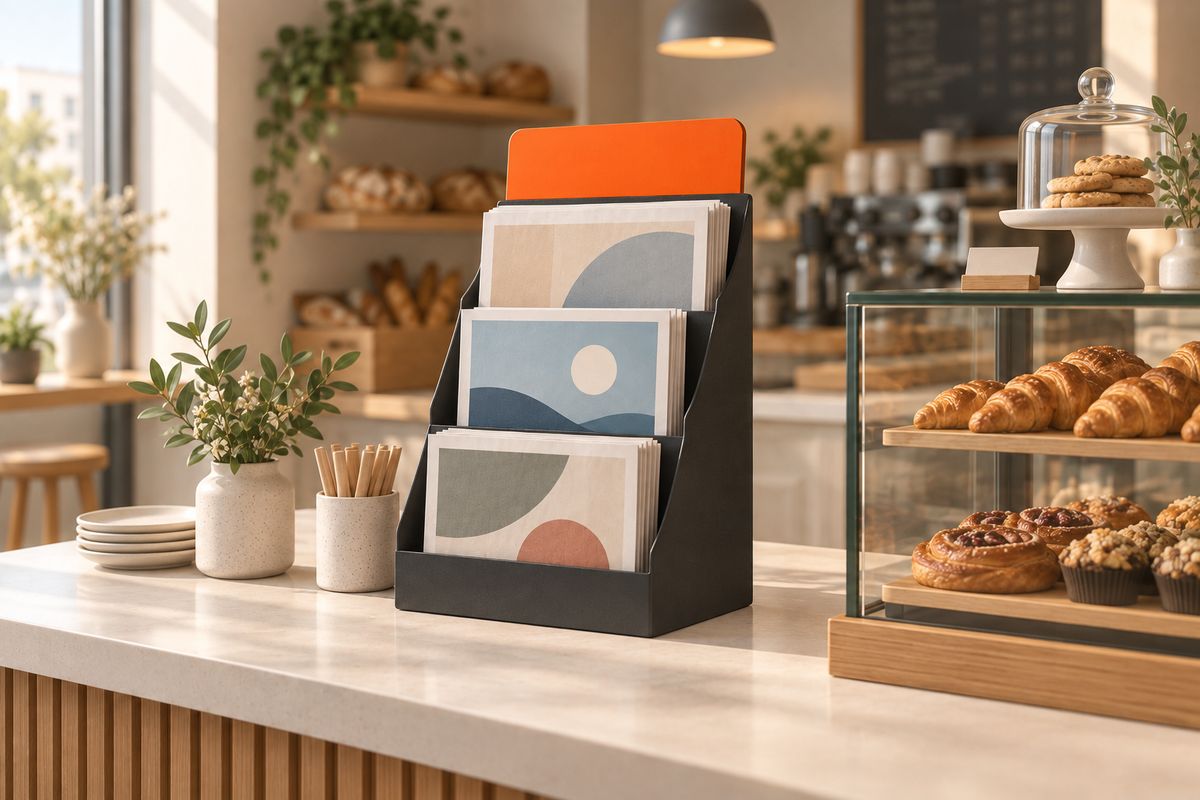 Illustration: A countertop stand beside a bakery pastry case