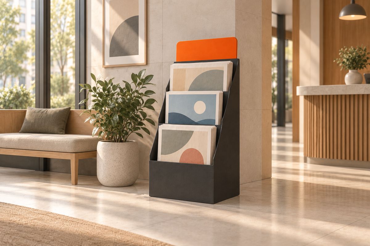Illustration: A floor stand in a building lobby
