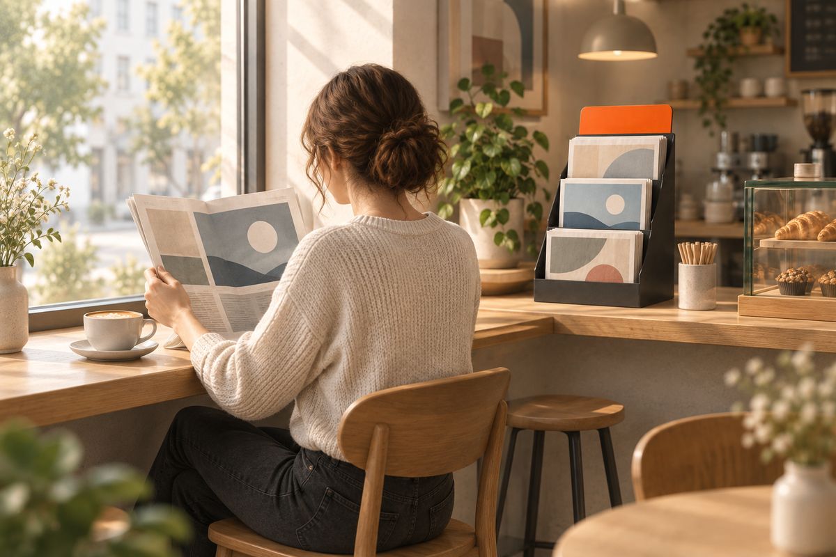 Illustration: A reader with a community paper at the counter
